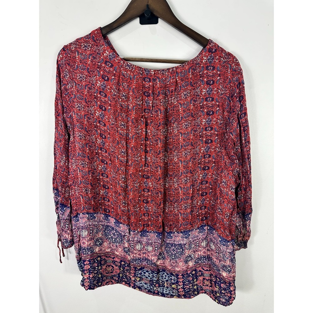 Lucky Brand Womens 3X Tapestry Henley Top Red Blue Geometric Peasant Boho Blouse - Picture 5 of 8